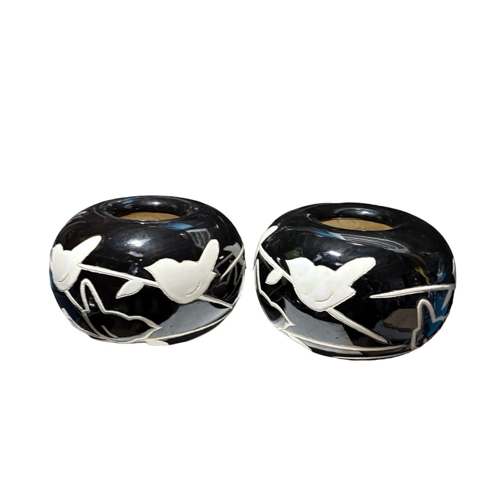 2 Large Black & White Studio Pottery Bird Song Candle Holders Vases Sculptural